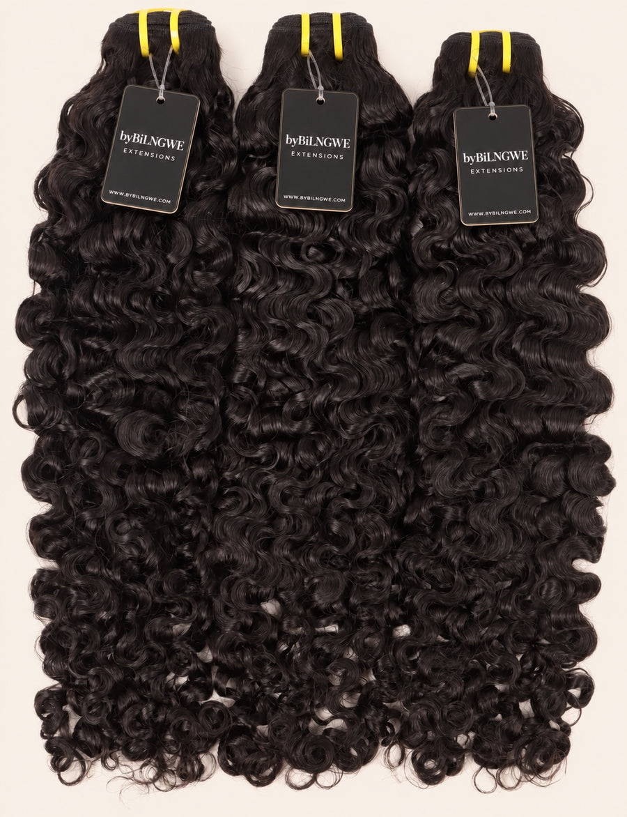 Three byBilngwe Burmese Curly bundles with black extension tags