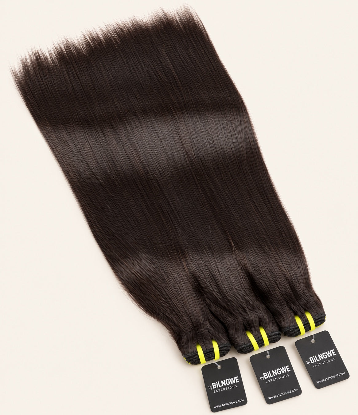 Three byBilngwe Straight bundles laid flat with black extension tags